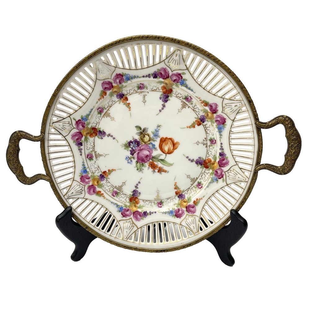 Vintage 1940s Schumann Bavaria Bronze Mounted‎ Porcelain Reticulated Floral Dish